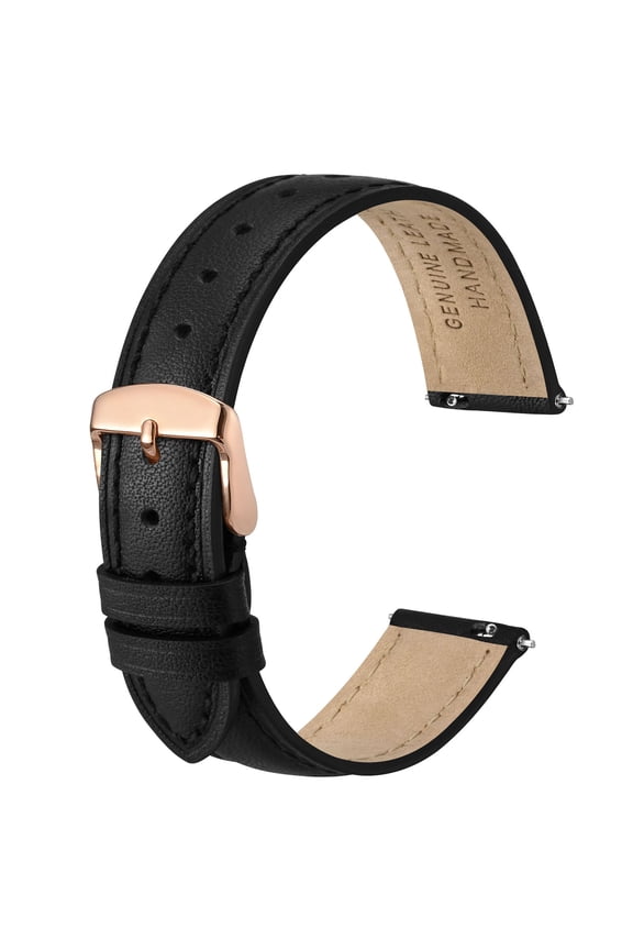 20mm Flat Thin Elegant Genuine Leather Watch Strap,Quick Release Replacement Watch Band,Black with Rosegold Buckle