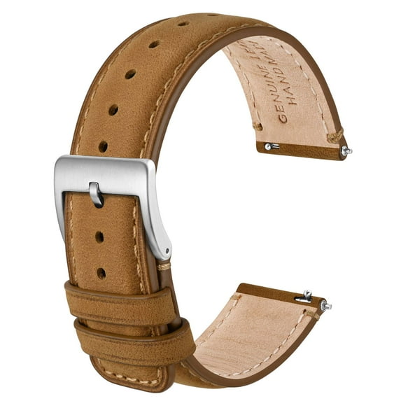ANBEER 20mm Genuine Leather Watch Band,Quick Release Strap with Stainless Steel Buckle,Yellow Brown with Silver Buckle