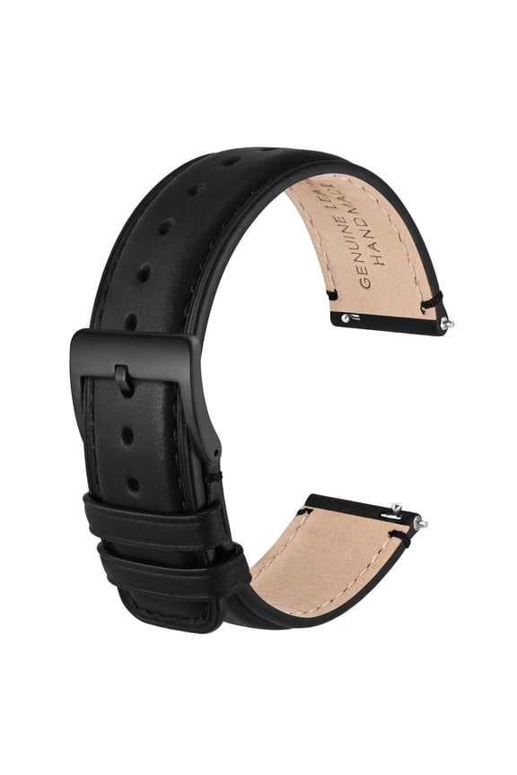 22mm Genuine Leather Watch Band,Quick Release Strap with Stainless Steel Buckle,Black with Black Buckle