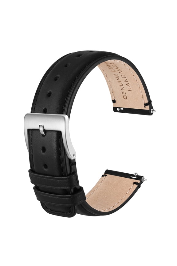 22mm Genuine Leather Watch Band,Quick Release Strap with Stainless Steel Buckle,Black with Silver Buckle