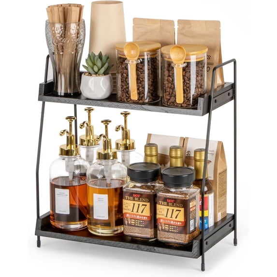 ANBOXIT Countertop Coffee Station Organizer, 2 Tier Wooden Shelf for Coffee Bar Accessories, Condiment Storage Caddy for Kitchen, Home, Office - Black
