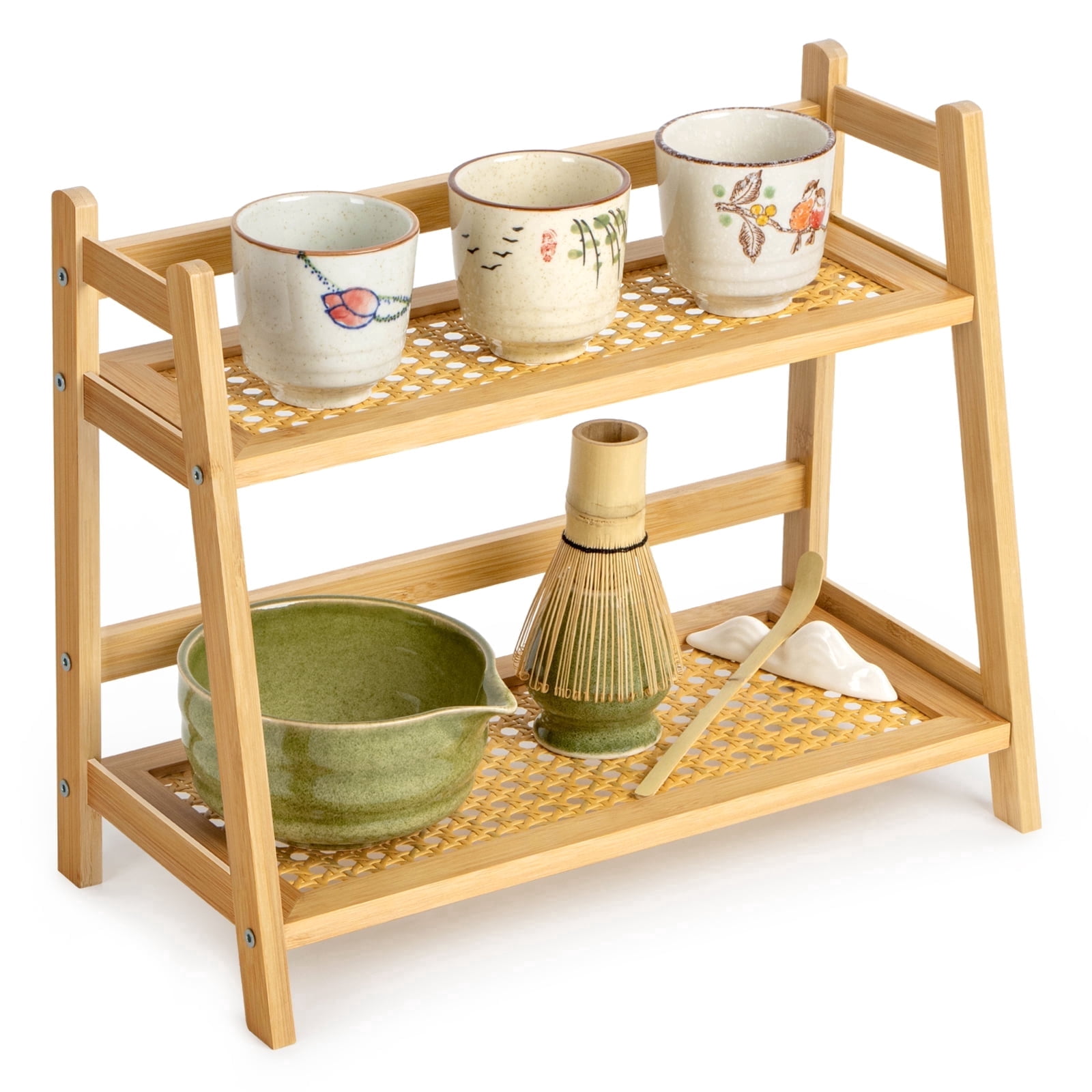 ANBOXIT Rattan-Look Matcha Station Organizer, Countertop Bamboo Tea ...