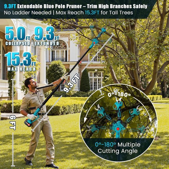 2-in-1 Cordless Pole Pruning Shears with 15.3FT Reach, Brushless Motor & Dual Batteries for Tree Trimming