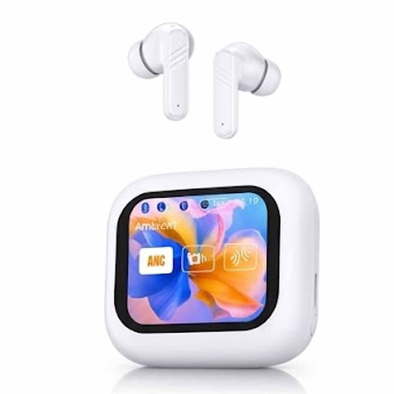ANC Wireless Earbuds with Smart Touch Screen, Active Noise Cancelling Bluetooth 5.4 in Ear Earphones with Microphone, LCD Full-Color Touchscreen Noise-Canceling Headphones (White)