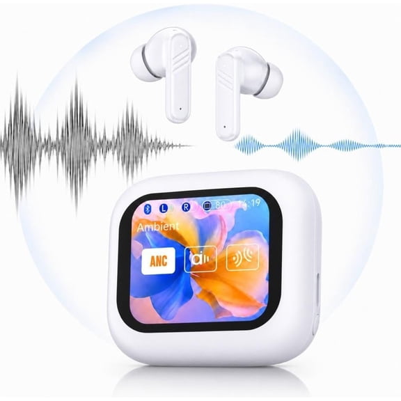 ANC Wireless Earbuds with Smart Touch Screen, Active Noise Cancelling Bluetooth 5.4 In-Ear Earphones with Microphone, LCD Full-Color Touchscreen Noise-Canceling Headphones (White)