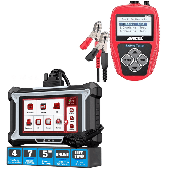 ANCEL 12V Car Battery Tester with ANCEL 4 Systems OBD2 Scanner ABS SRS Transmission Check Engine Code Reader with 7 Resets, SAS ETS BMS Bleed Oil Reset, Battery Matching, Full OBD2 Functions