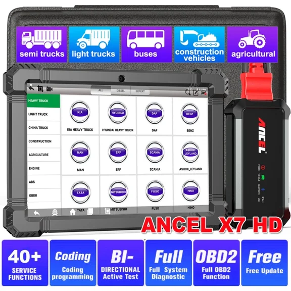 ANCEL 24V 12V Heavy Duty Truck Scanner All System Bidirectional Diesel Scan Tool with DPF, ECU Cod-ing, 40+ Reset for Cummins, Detroit, Caterpillar, Volvo, Paccar etc