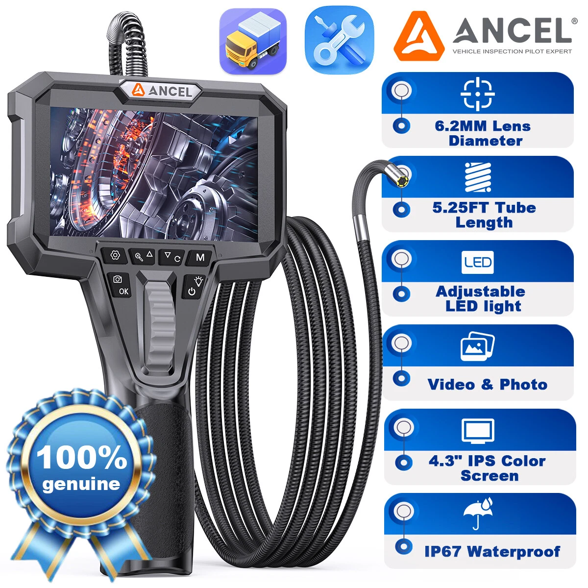 ANCEL AN301 Two-Way Articulating Endoscope with 6 Adjustable LED Lights, 0.24in Thin Lens IP67 Waterproof 720P HD Camera Scope for Automotive Engine HVAC Wall and Pipe Inspection - 5.25FT Cable
