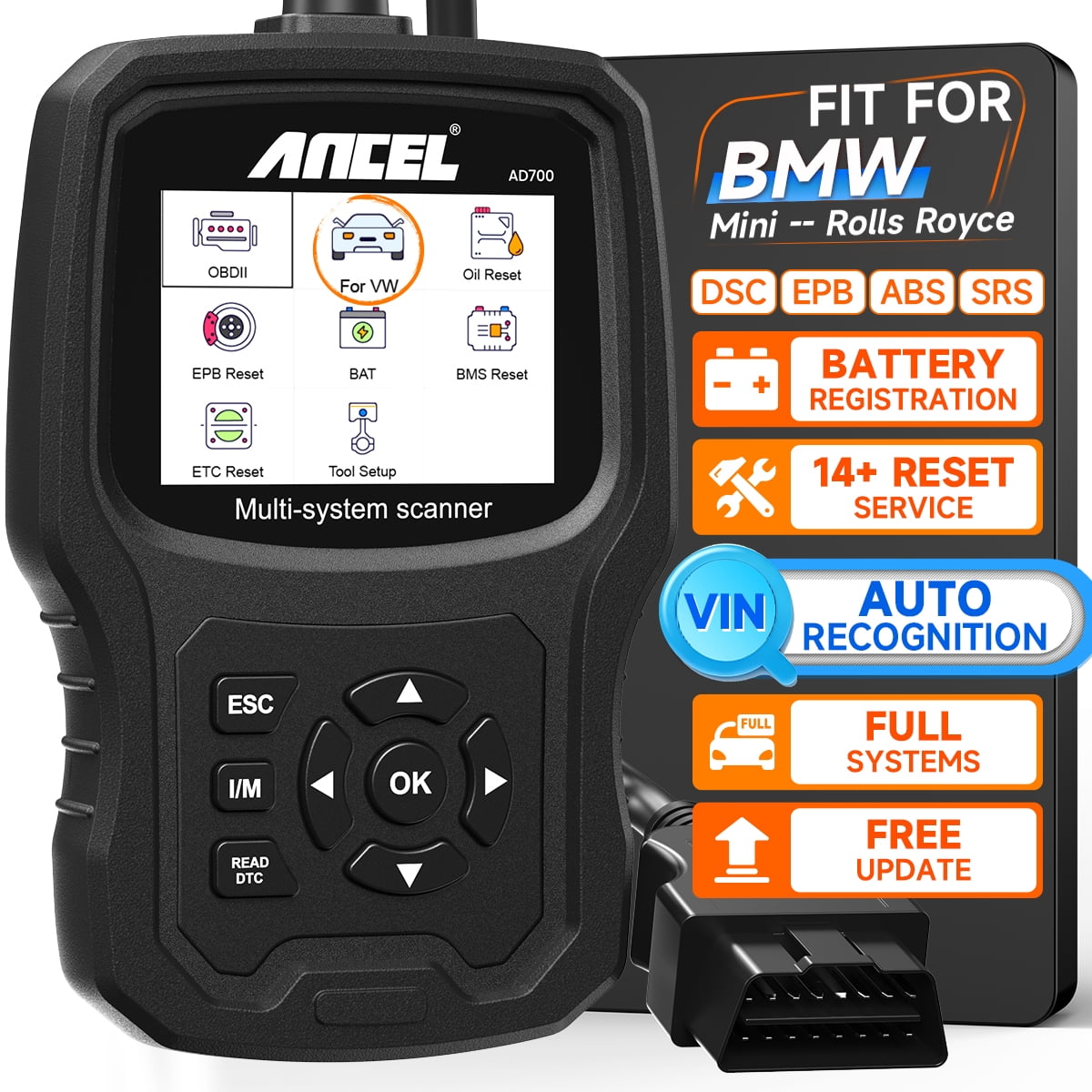 ANCEL AD700 OBD2 Scanner Full System Diagnostic Code Reader, Ba-ttery Registration Tool, Advanced Auto VIN, Lifetime Free Update, Fit for BMW/Mini/RR
