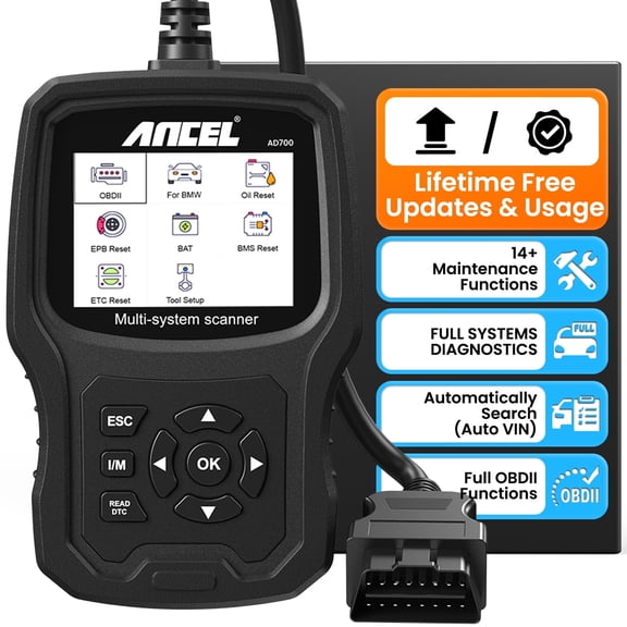 ANCEL AD700 OBD2 Scanner Full System Diagnostic Code Reader, Ba-ttery Registration Tool, Advanced Auto VIN, Lifetime Free Update, Fit for BMW/Mini/RR