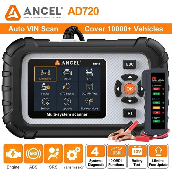 ANCEL AD720 OBD2 Scanner Bidirectional 4 System ABS SRS Transmission Airbag Car Diagnostic Scan Tool with BM310 12V Battery Load Tester