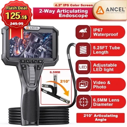 ANCEL AN302 Two-Way 6.5mm 210 Industrial Endoscope Articulating Camera Borescope, 4.3-inch IPS LCD Articulating Dual Lens Endoscope Inspection Camera