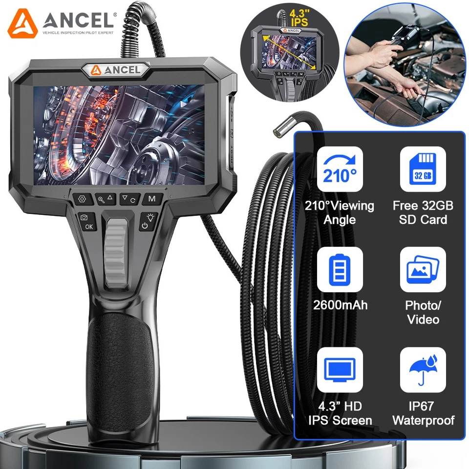 ANCEL AN302 6.5MM 2-Way 220° Articulating Borescope Endoscope Dual Camera, IPS HD Screen, Industrial Endoscope Inspection Camera for Automotive Engine, 5.25FT