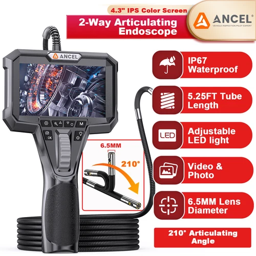 ANCEL AN302 2-Way Articulating Borescope Camera with Light, 0.24in Articulated Probe of 5.25FT Industrial Endoscope Inspection Camera Scope