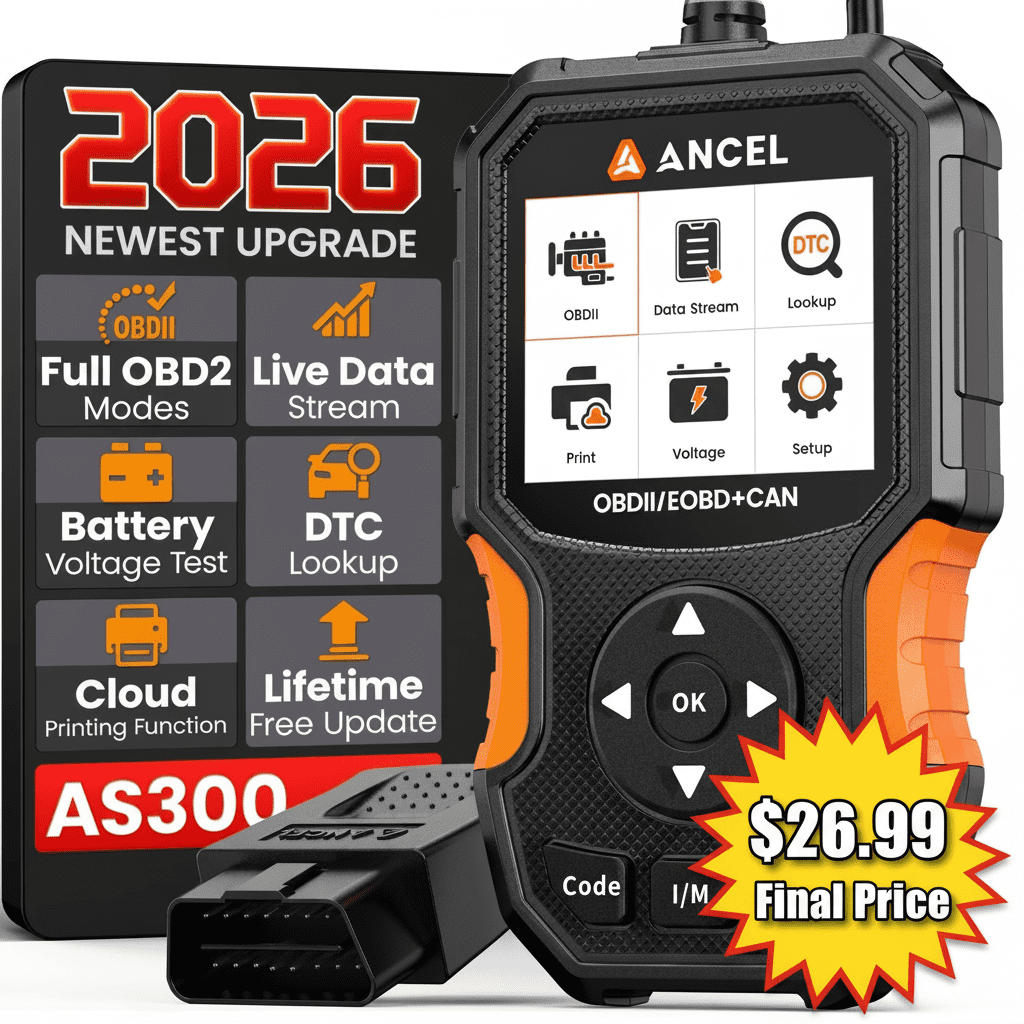ANCEL AS300 OBD2 Scanner Car Code Reader, Full OBDII Diagnostic Tool with Cloud Printing, DTC Lookup, I/M Readiness, Battery Voltage Test, Live Data, Smog Check, 11 Languages, Lifetime Free Updates