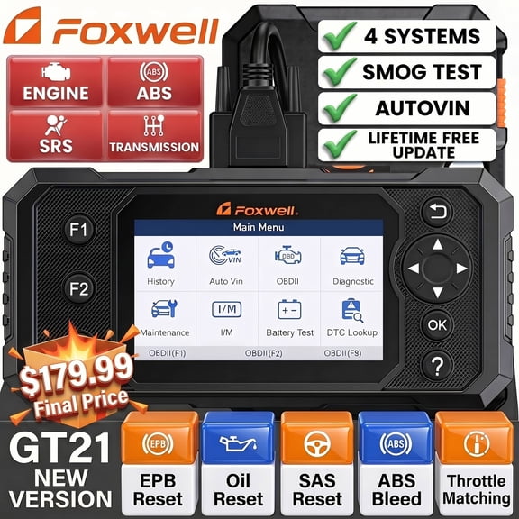 FOXWELL GT21 OBD2 Scanner Car Engine ABS SRS Transmission Diagnostic Tool with 5 Resets, ABS/SAS/EPB/Throttle/Oil Reset, S-mog Test, Check Engine Code Reader, Lifetime Free Update