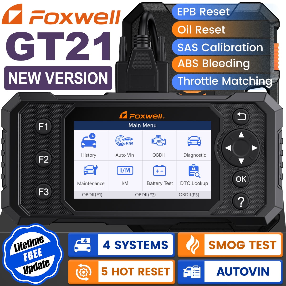 FOXWELL GT21 Car Diagnostic Tool, Engine ABS SRS Transmission OBD2 Scanner with 5 Reset, ABS Bleeding, SAS/EPB/Throttle/Oil Reset, Battery Test, Check Engine Code Reader, Lifetime Free Update