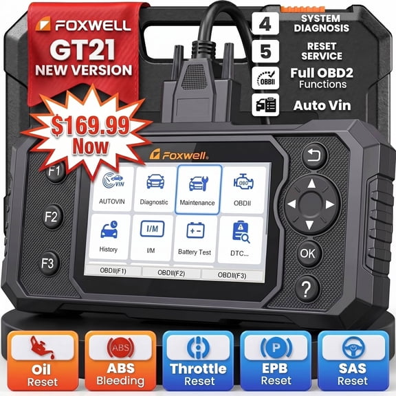 FOXWELL GT21 Engine ABS SRS Transmission OBD2 Scanner Diagnostic Tool with 5 Resets, ABS Bleeding, SAS/EPB/Throttle/Oil Reset, Battery Test, Check Engine Code Reader, Lifetime Free Update
