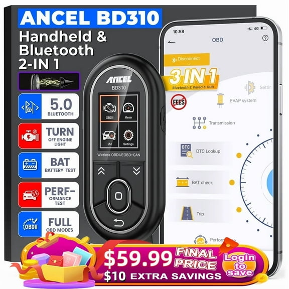 ANCEL BD310 Bluetooth OBD2 Scanner, 3 in 1 Car Diagnostic Tool Check Engine Light Code Reader for Android & iPhone, App Based OBDII, Wireless Automotive Gauge Car Scanner, Heads-up Display