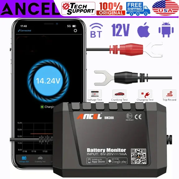 ANCEL BM300 12V Battery Monitor - Bluetooth 4.0 Automotive Voltmeter with Charging, Cranking System Test & Alarm - Compatible for Solar Power Systems, RVs, Motorcycles, Boats, Cars, and Trucks