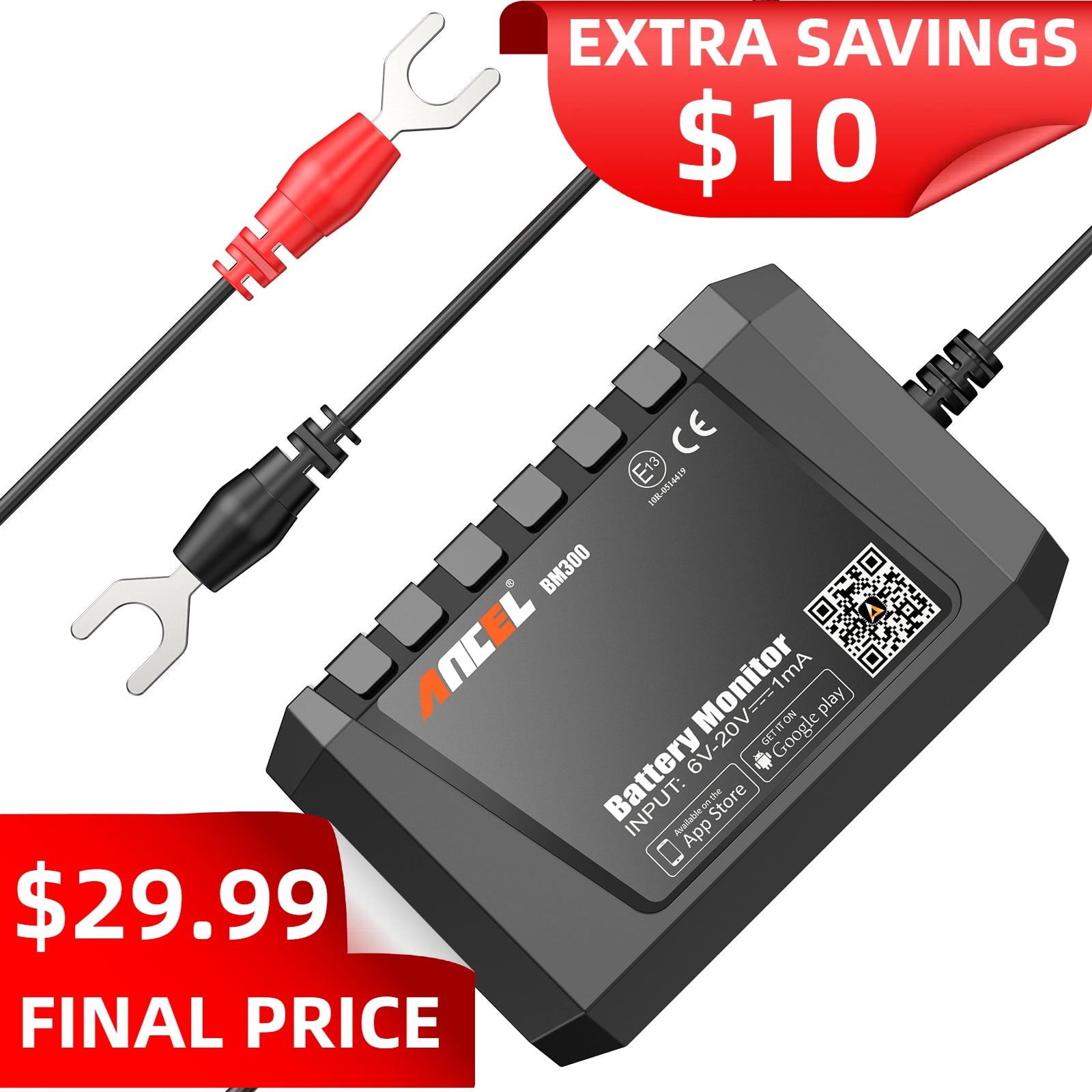 ANCEL BM300 12V Battery Monitor - Bluetooth 4.0 Automotive Voltmeter With Charging, Cranking