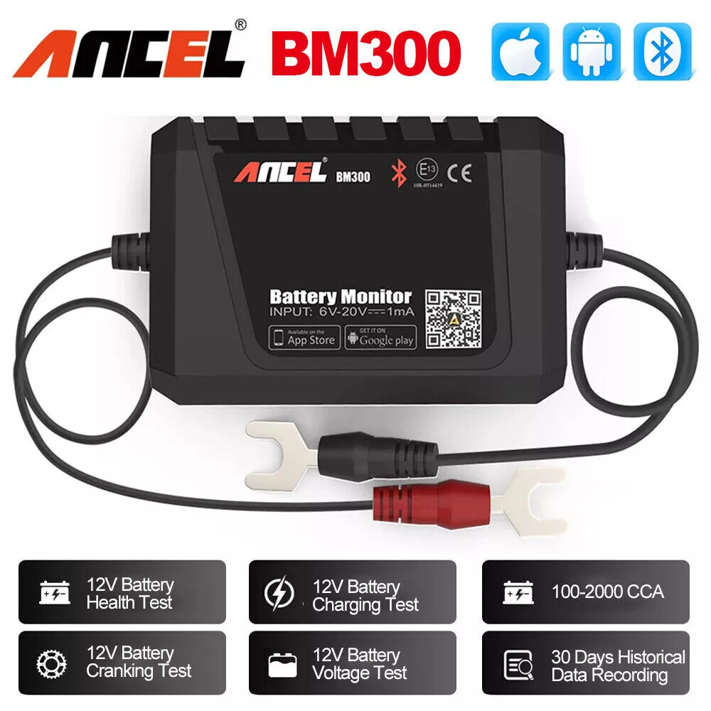 ANCEL BM300 12V Battery Monitor - Bluetooth 4.0 Automotive Voltmeter With Charging, Cranking