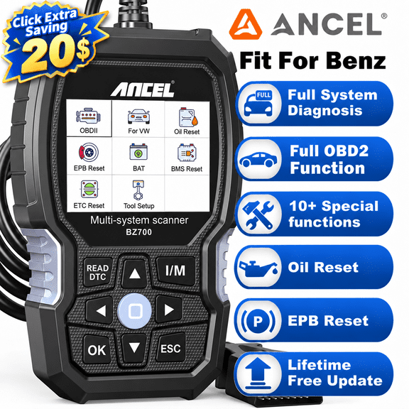 ANCEL BZ700 OBD2 Scanner for Mercedes Benz Full System Diagnostic Code Reader with DPF Regen, Batt-ery Registration, Injector Cod-ing, Lifetime Free Updates