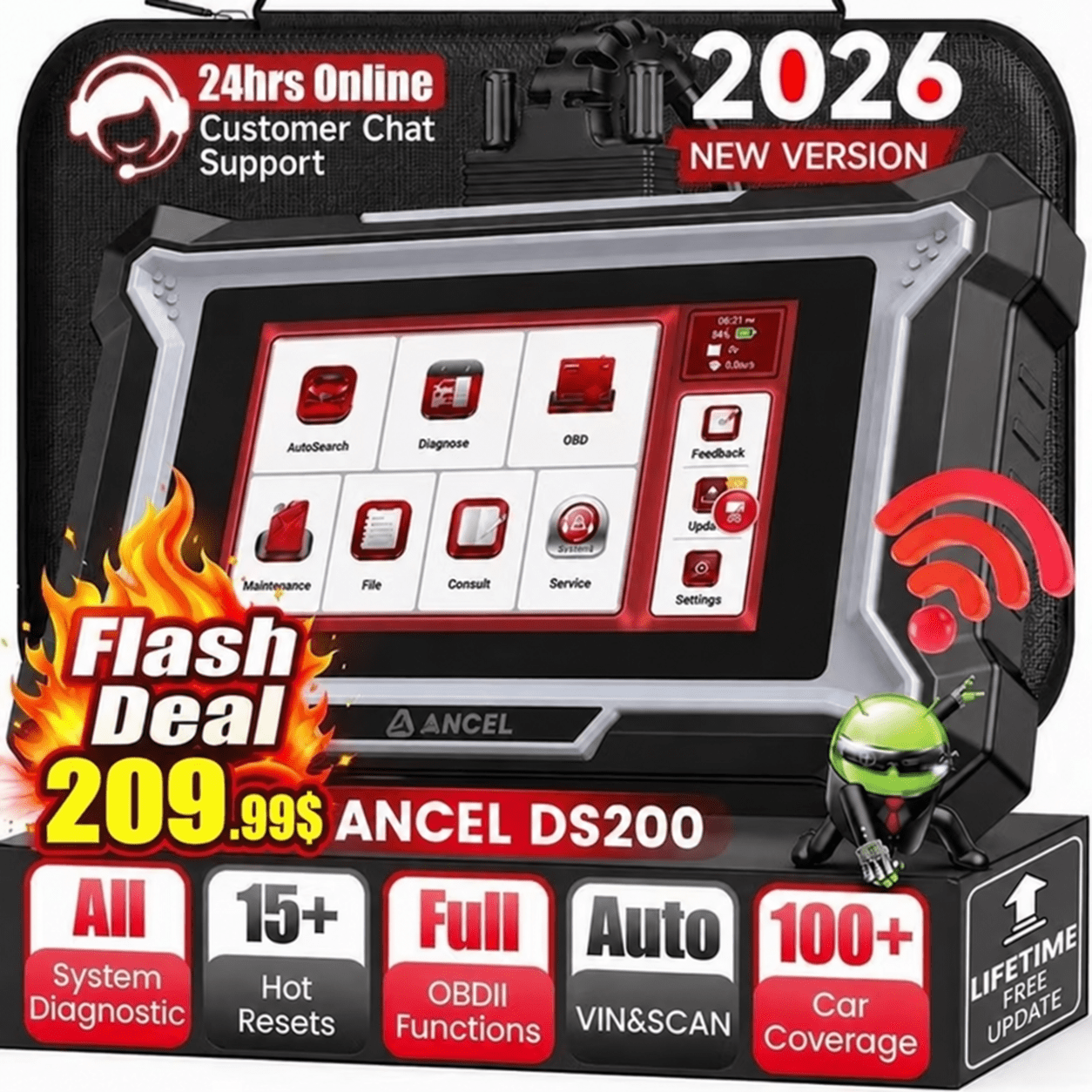 ANCEL DS200 OBD2 Scanner FullSystem Automotive Diagnostic Scan Tool with 15+ Reset Services, DPF Regeneration, Injector Coding, ABS Bleeding, WiFi Lifetime Free Updates, Online Customer Support
