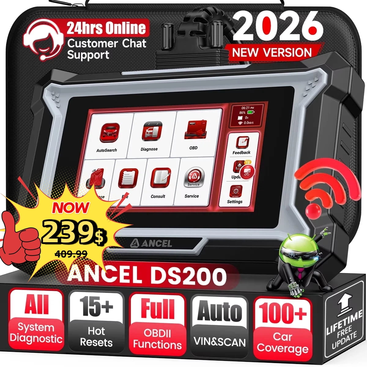 ANCEL Wireless Full System OBD2 Scanner Car Diagnostic Tool with 15+ Reset Services, DPF Regen, Injector Cod-ing, ABS Bleeding, WiFi Free Lifetime Updates, Online Customer Service