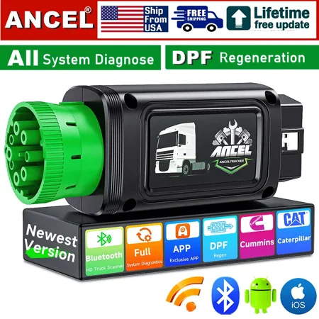 ANCEL Bluetooth Heavy Duty Truck Scanner All System DPF Regeneration Service Diagnostic Tool Fits for Cummins Caterpillar Detroit Paccar Diesel Heavy Truck & Car 2in1 Code Reader OBD2 Scanner, HD100