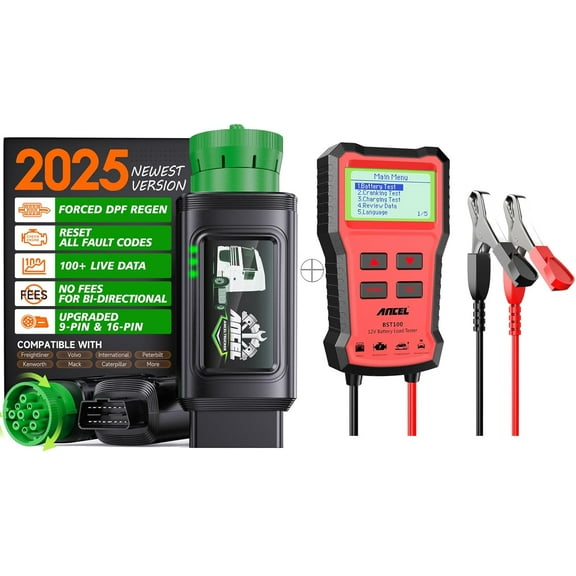 ANCEL Bluetooth Heavy Duty Truck Scanner, Diesel Scanner Diagnostic Tool, DPF Regen & Reset for Cummins Caterpillar Engine with 12V BST100 Car Battery Tester