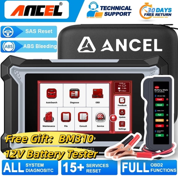 ANCEL Car OBD2 Scanner Code Reader SAS EPB Reset Battery Diagnostic Tool with 15 Resets, Free Gift: BM310 12V Battery Tester Analyzer Cranking Tool