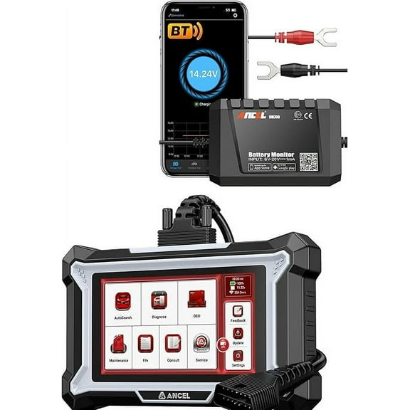 ANCEL DS100 OBD2 Scanner with 7 Reset Functions ABS SRS Transmission Check Engine Code Reader with ANCEL BM300 12V Battery Monitor