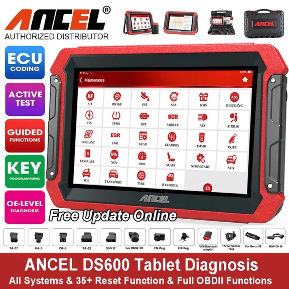 ANCEL DS600 Automotive Diagnostic Tablet All Systems ECU Reset Bi-directional Control Active Test OBD2 Scanner, 34+ Resets EOBD OBD Code Reader, 2 Years Free Update Online