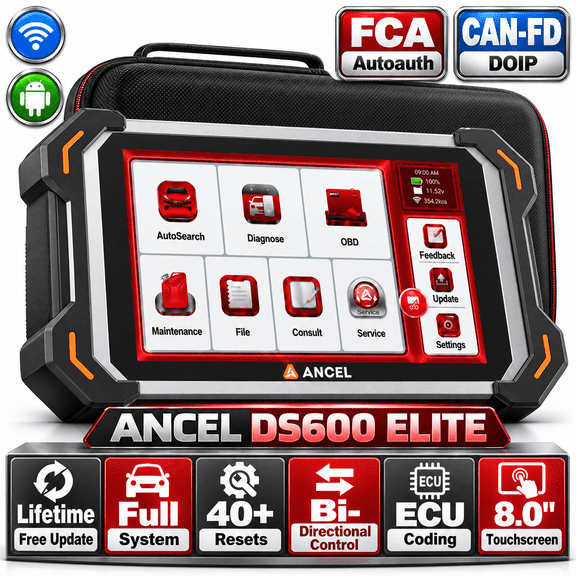 ANCEL DS600 Elite OBD2 Scanner Bidirectional Full System Scan Tool with 34 Reset Bidirectional ECU Cod-ing Oil EPB BMS CAN-FD Doip Car Diagnostic Scanner