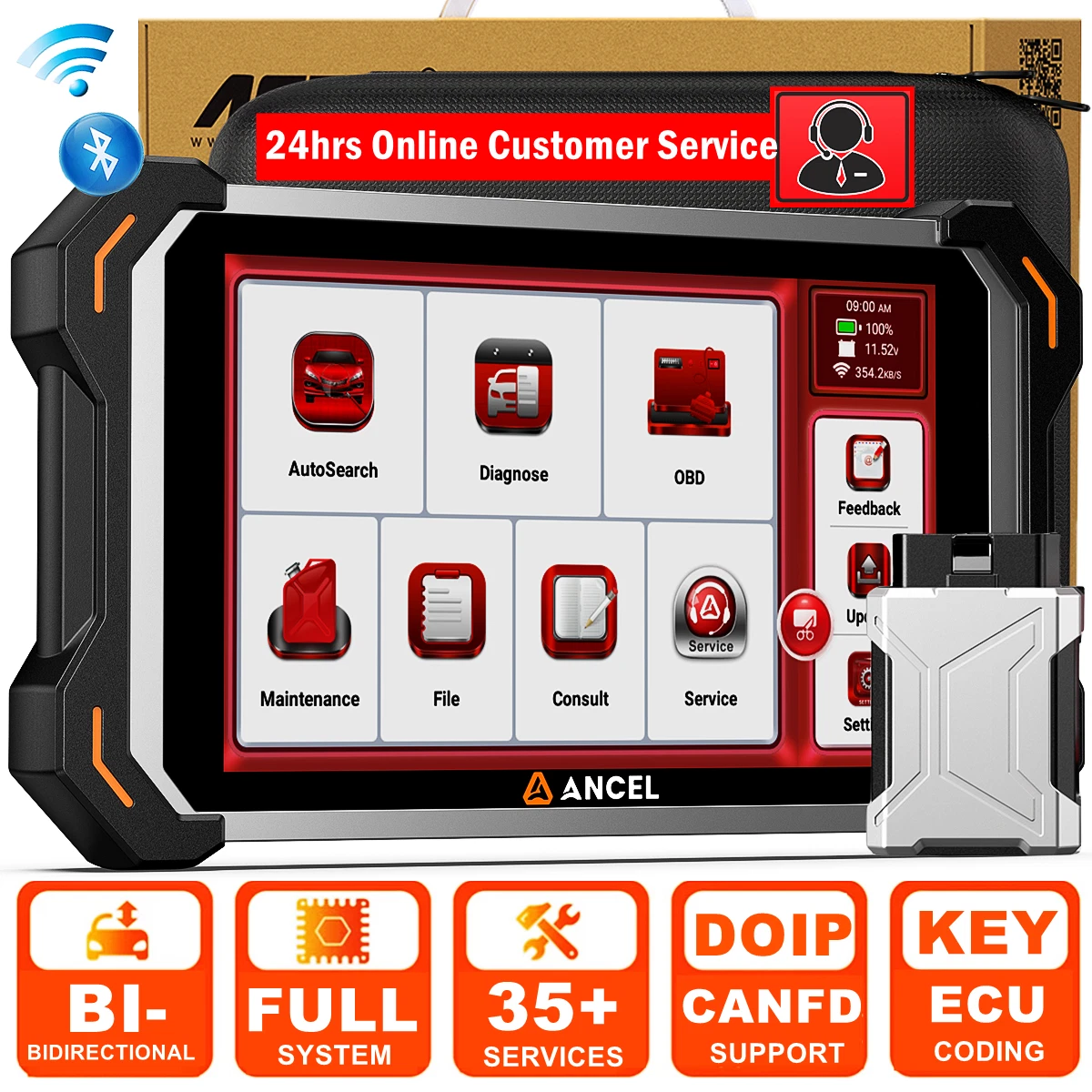 ANCEL DS600BT Bidirectional Scan Tool OBD2 Scanner All System CAN FD/DOIP 8 inch  Car Diagnostic Tool 35+ Reset ECU Cod-ing, 24hrs Online Customer Service