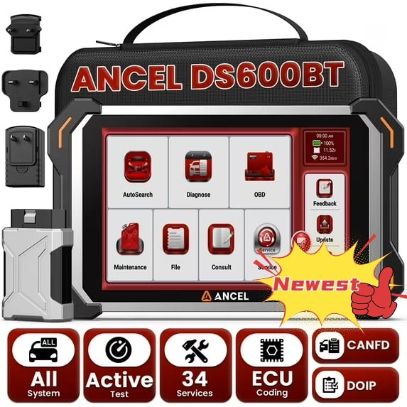 ANCEL DS600BT OBD2 Scanner Bidirectional Scan Tool 8 inch Car Diagnostic Tool, All System CAN FD/DOIP 34+ Reset ECU Cod-ing