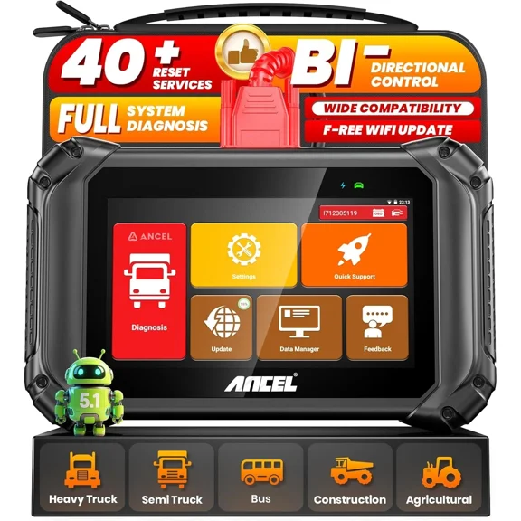 ANCEL Heavy Duty Truck Scanner Diesel Diagnostic Tool, Full System Bidirectional Truck Scan Tool with 40+ Resets for Cummins Detroit Caterpillar, ECU Co-ding & D-P-F Regen, 2 Years Free Update