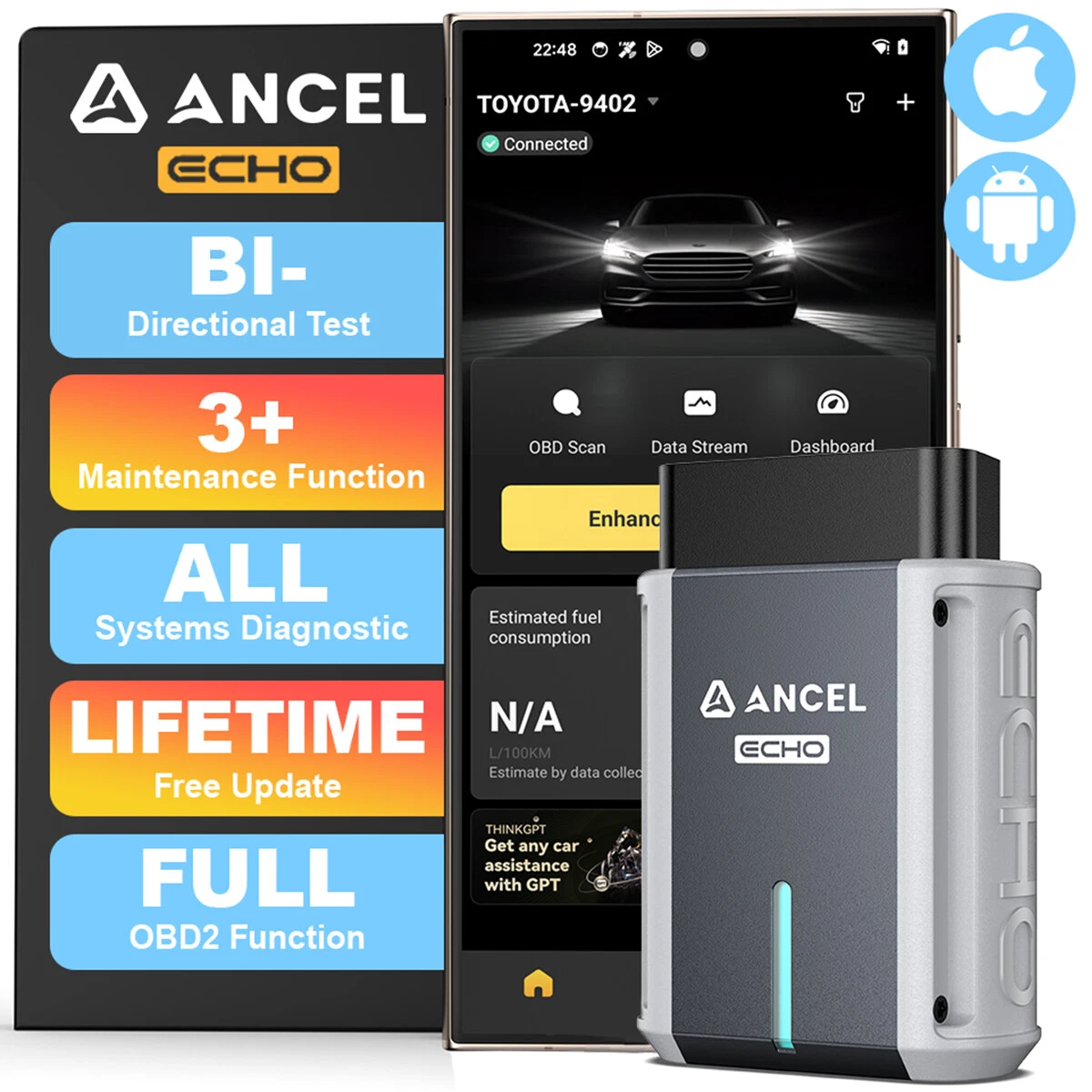 ANCEL ECHO OBD2 Scanner Bluetooth Full System Diagnostic Tool Bidirectional Code Reader for IOS & Android, Full OBD2 Function, 3+ Maintenance, Lifetime Free Update