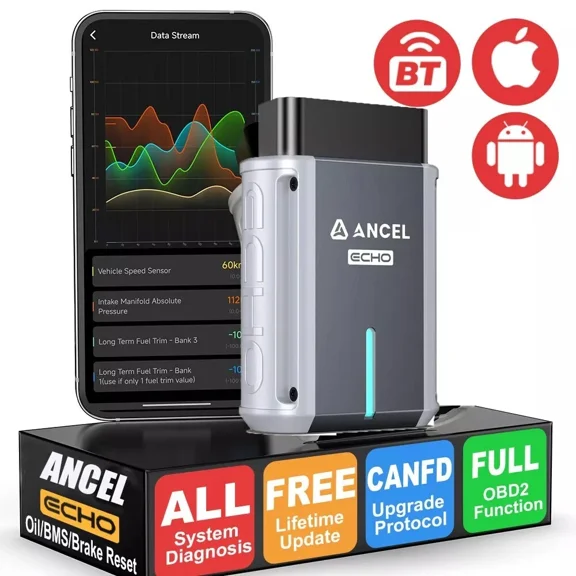 ANCEL Echo OBD2 Scanner Bluetooth - Wireless Car Diagnostic Tool for iOS & Android, Code Reader with Reset, All System Automotive Scan Tool OBD Scanner with OBD2 Guage Display, Battery Registration
