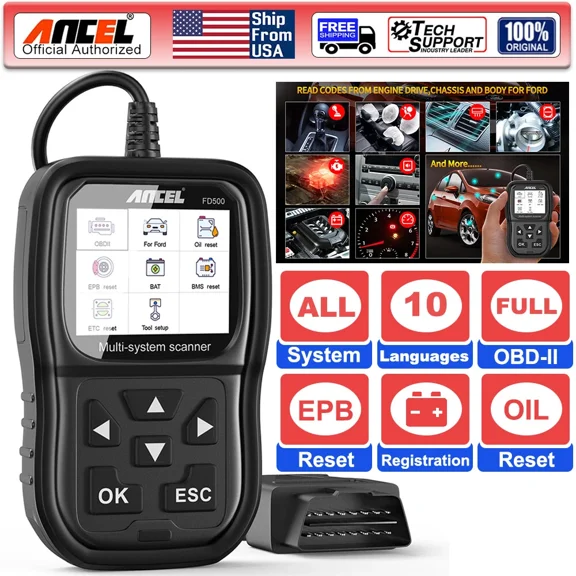 ANCEL FD500 OBD2 Scanner for Ford Lincoln Mercury - All Systems Car Code Reader with Engine, ABS, SRS, Transmission, EPB, Throttle, Oil Reset, Battery Registration Automotive Diagnostic Scan Tool