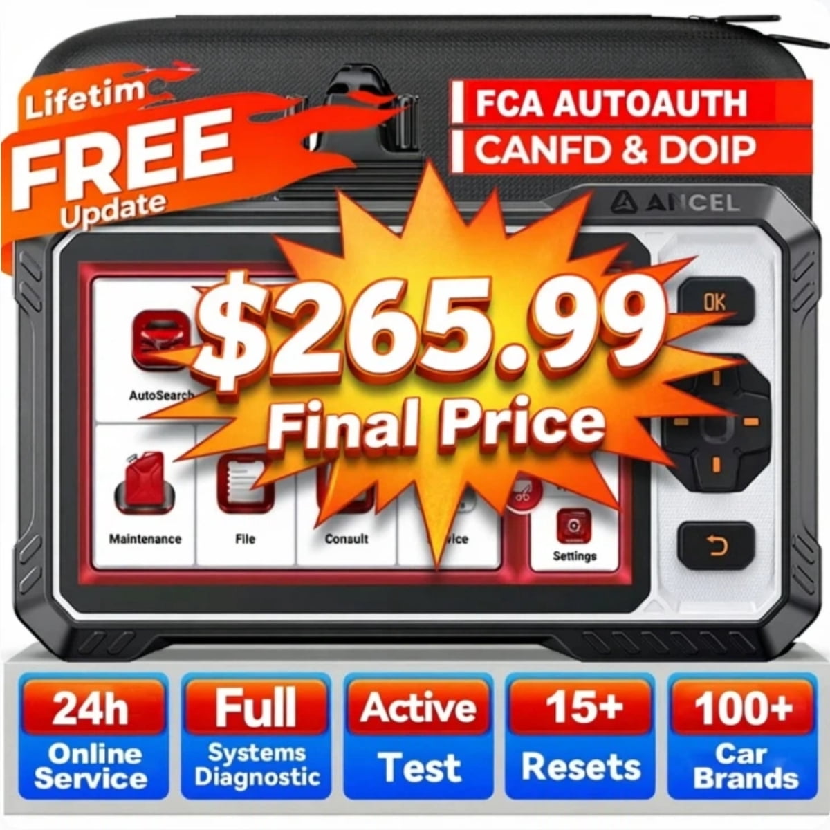 ANCEL FX6100 OBD2 Scanner Bidirectional Scan Tool, All System Car Diagnostic Tool with 15+ Resets, Injector Co-ding, Active Test, TPMS/EPB/Oil Reset, FCA AutoAuth, Lifetime Free Update