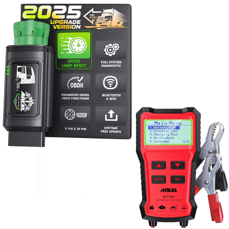 ANCEL Full System Heavy Duty Truck Scanner with Speed Limit Reset for Cummins & Caterpillar Engine with ANCEL BST100 12V Car Battery Load Tester Battery Cranking Charging Analyzer Tool