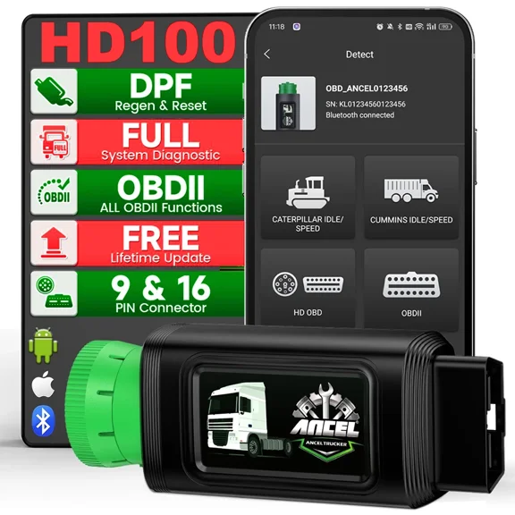 ANCEL Bluetooth Heavy Duty Truck Scanner All System Diagnostic Tool, DPF Regen for Cummins Caterpillar, OBD2 Scanner Diesel Truck Scan Tool OBD2 HDOBD 2 in 1 Code Reader, Lifetime Free Update