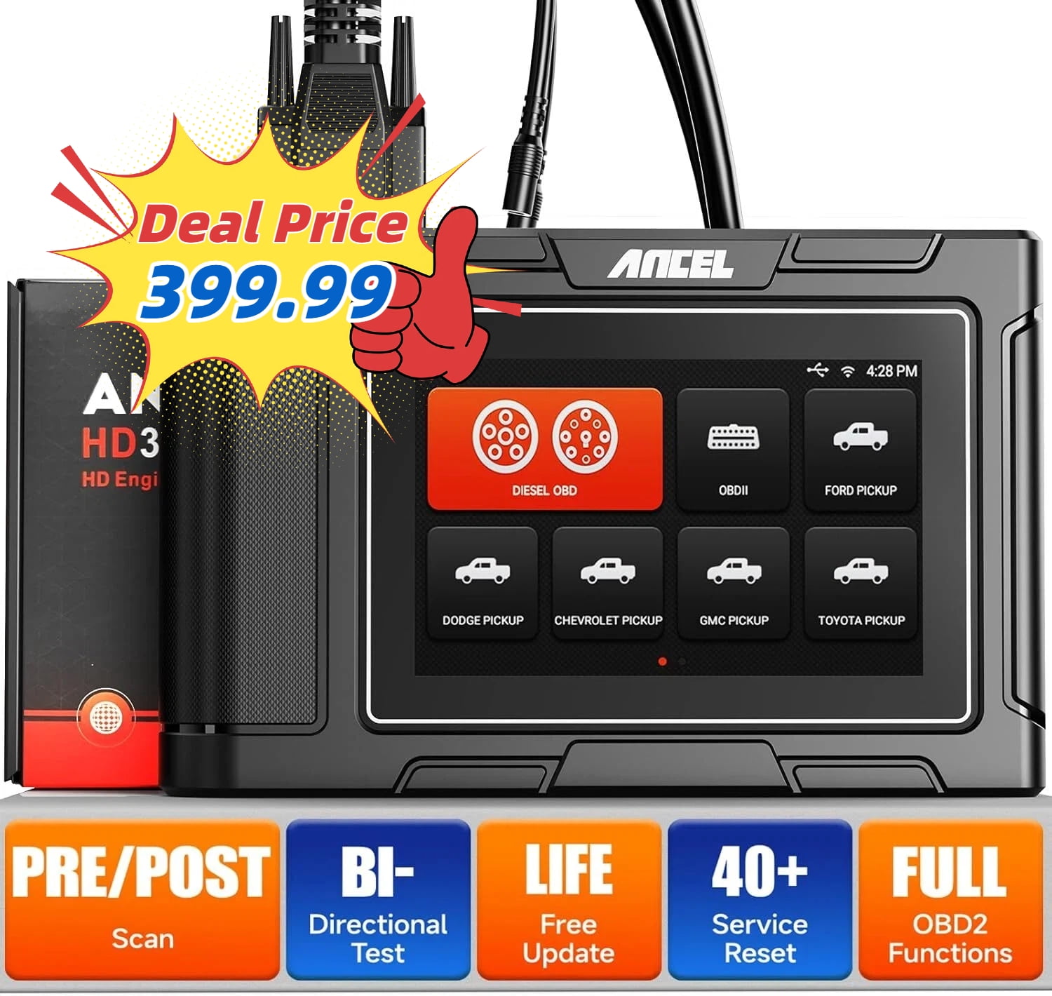 ANCEL HD3500 Pickup Truck OBD2 Scanner, All Systems Diesel Diagnostic Tool with Bidirectional & Service Reset & D-P-F Regen, 2-IN-1 Car Code Reader for Ford/Dodge/Chevy/GMC/Toyota/Honda/Nissan/Isuzu