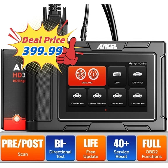 ANCEL HD3500 Pickup Truck OBD2 Scanner, All Systems Diesel Diagnostic Tool with Bidirectional & Service Reset & D-P-F Regen, 2-IN-1 Car Code Reader for Ford/Dodge/Chevy/GMC/Toyota/Honda/Isuzu