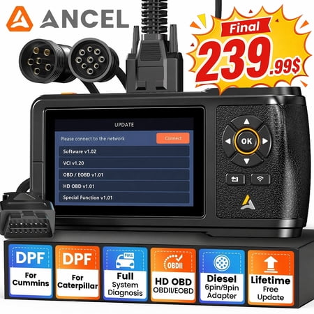 ANCEL HD430 Heavy Duty Truck Scanner Full System HDOBD Diesel OBD2 Scanner DPF Reset & Forced Regeneration for Cummins & Caterpillar Engine, OBD2 Diagnostic Scan Tool Code Reader for Diesel Trucks