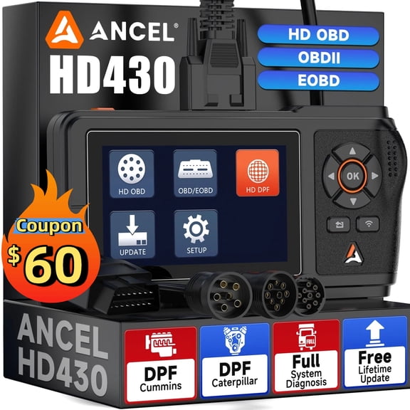 ANCEL HD430 Heavy Duty Truck Scanner Full System HDOBD Diesel OBD2 Scanner DPF Reset & Forced Regeneration for Cummins & Caterpillar Engine, OBD2 Diagnostic Scan Tool Code Reader for Diesel Trucks