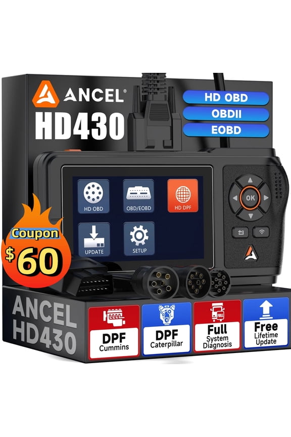 HD430 Heavy Duty Truck Scanner Full System HDOBD Diesel OBD2 Scanner DPF Reset & Forced Regeneration for Cummins & Caterpillar Engine, OBD2 Diagnostic Scan Tool Code Reader for Diesel Trucks