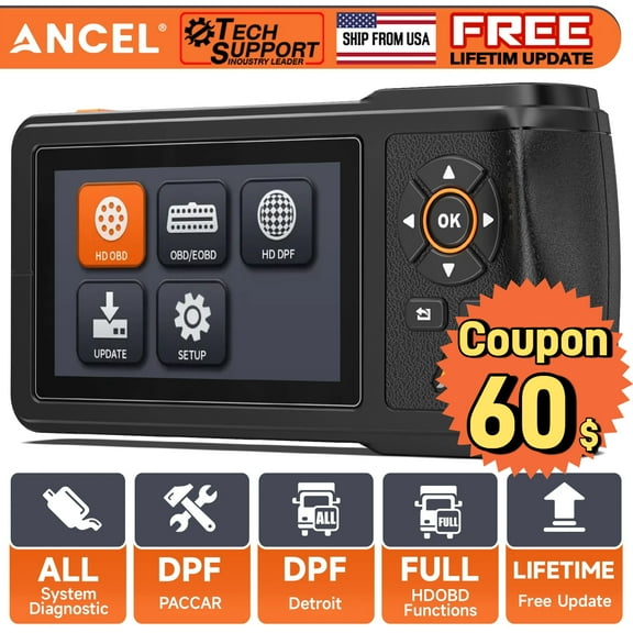 ANCEL Heavy Duty Truck Scanner Diesel Diagnostic Scan Tool, DPF Regen and Reset, Full System HDOBD & OBD2 Trucks & Cars 2 in 1 Code Reader, Lifetime Free Updates,